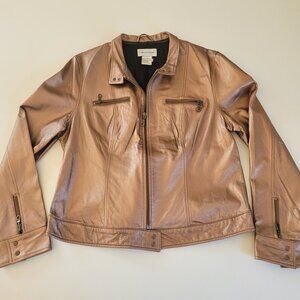 Newport News Rose Gold Leather Moto Biker Zip Jacket EUC Size 16 / 1X